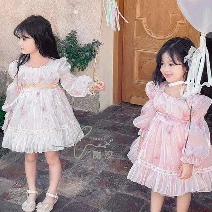 Enchanting Floral Puff Sleeve Dress for Girls - Ideal for Spring Festivities and Flower Girl Celebrations