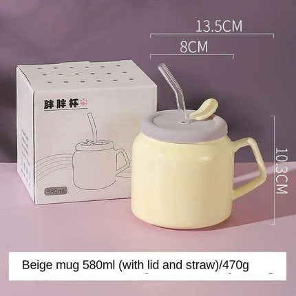 Charming Purple and Beige Ceramic Love Mug Set with Lid and Straw