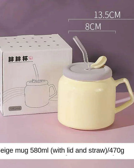 Charming Purple and Beige Ceramic Love Mug Set with Lid and Straw