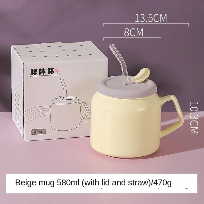 Adorable Purple and Beige Ceramic Couple Mug Set with Lid and Straw