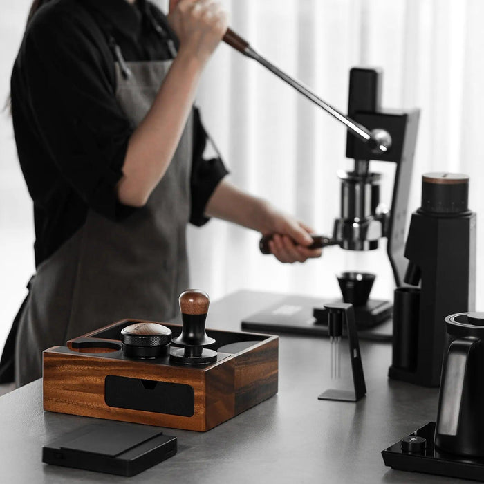 Espresso Knock Box Organizer with Integrated Tamping Station Mat - Essential Storage for Baristas