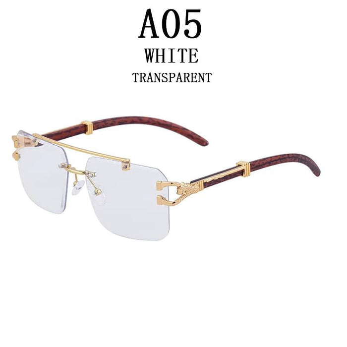 Retro Wood Grain Square Rimless Sunglasses with UV Protection