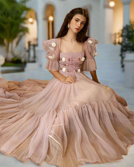 3D Floral Puff Sleeve Dress with Square Neck