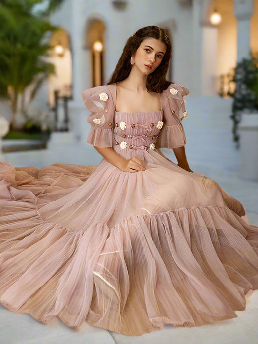 3D Floral Puff Sleeve Dress with Square Neck