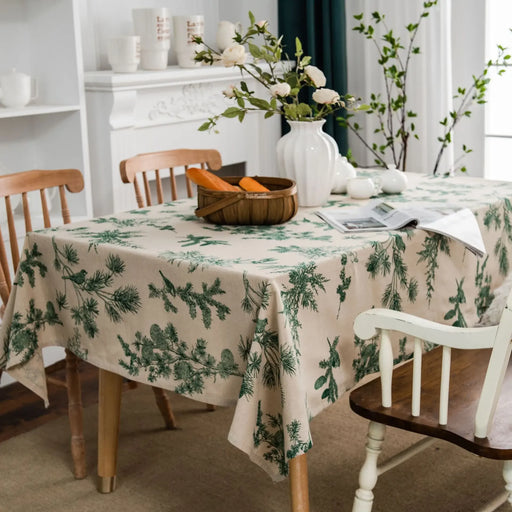 Green Pine Cone Printed Cotton Linen Tablecloth for Dining Room and Kitchen