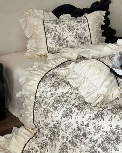 Elegant Beige Floral Ruffled Cotton Bedding Set – 4-Piece Duvet Cover, Sheet, and Pillowcases