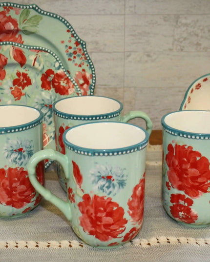 Floral Delight Stoneware Mug Set - 23 fl oz, 4-Piece Collection