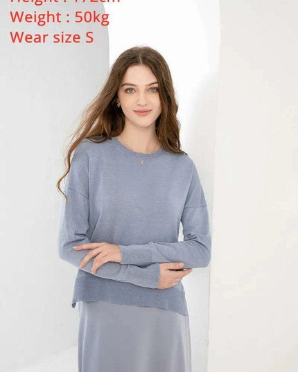 Elegant Spring Summer Outfit: Loose Knitted Top & Matte Satin Skirt Set