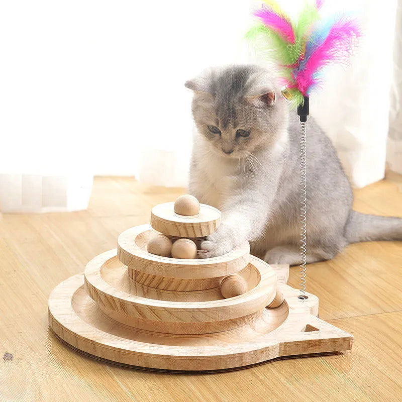 Cat Interactive Wooden Tower Toy with Rotating Disc and Training Balls