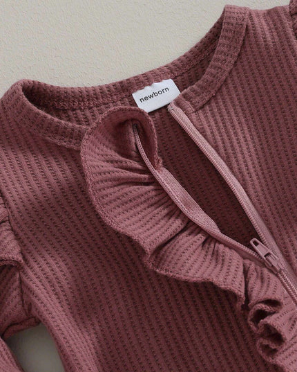 Autumn Ruffled Baby Girl Jumpsuit with Matching Bow Headband - Cozy Solid Color Romper for Newborns 0-12 Months