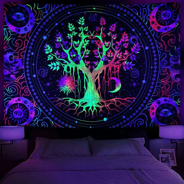 Neon Skull Tapestry Set - Eye-Catching UV Reactive Halloween Decor for Your Home