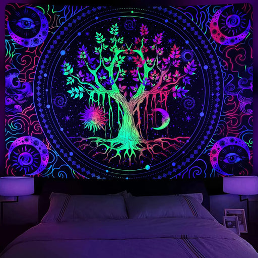 Neon Blacklight Skull Halloween Tapestry - UV Reactive Wall Art for Bedroom & Living Room
