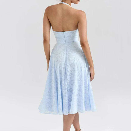 Elegant Backless A-line Evening Gown with Deep V Neck Halter Design for Women