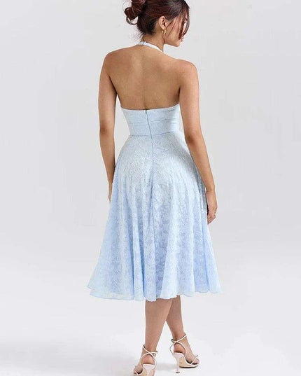 Elegant Backless A-line Evening Gown with Deep V Neck Halter Design for Women