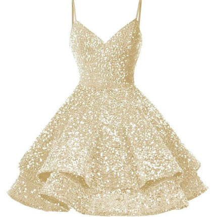 Sparkling Tiered Sequin Spaghetti Strap Short Cocktail Dress for Young Women