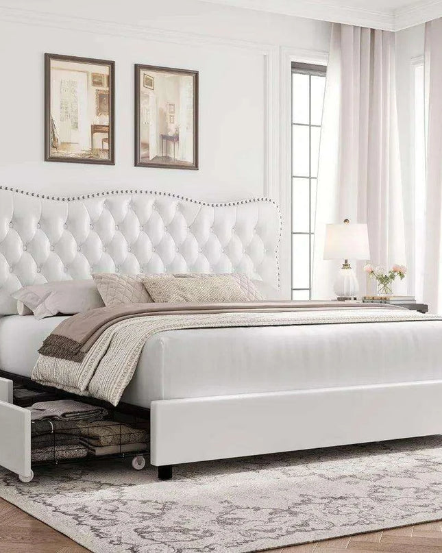 Elegant Linen Upholstered Bed Frame with Ample Storage Drawers