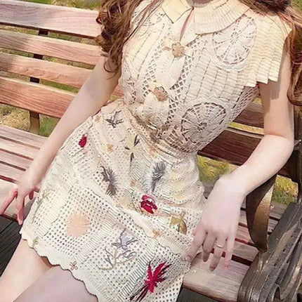 2-Piece Embroidered O-Neck Top and Short Skirt Set for Women
