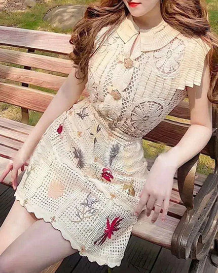 2-Piece Embroidered O-Neck Top and Short Skirt Set for Women