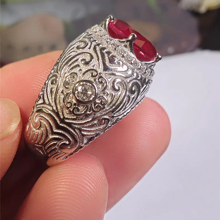 S925 pure silver laboratory-grown ruby 5CT oval vintage pattern wedding men's ring, custom-made with diamond. Jewelry. s925-pure-silver-laboratory-grown-ruby-5ct-oval-vintage-pattern-wedding-mens-ring-custom-made-with-diamond-jewelry