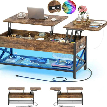 Modern Lift-Top Coffee Table with LED Lighting, USB Ports, and Smart Storage Solutions