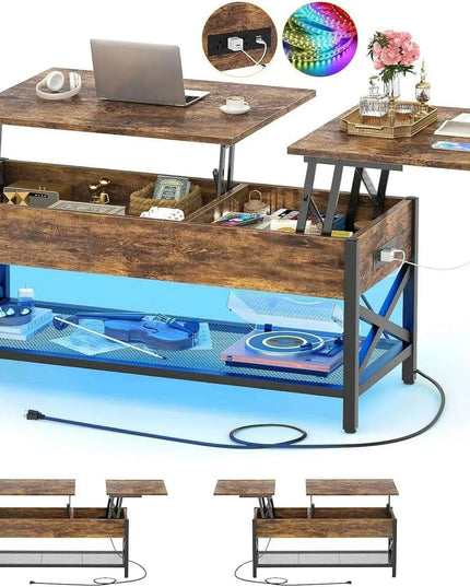 Modern Lift-Top Coffee Table with LED Lighting, USB Ports, and Smart Storage Solutions