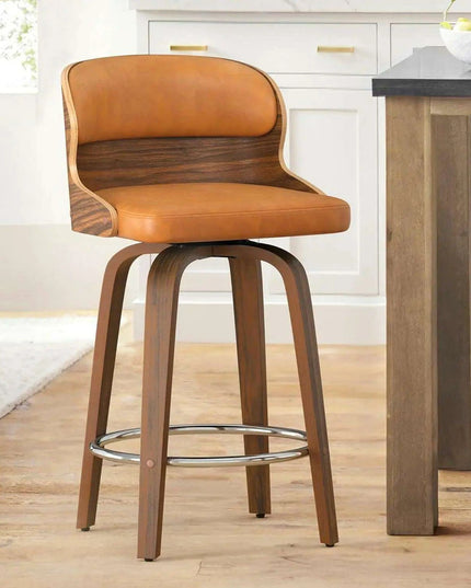 Elegant Mid-Century Walnut Swivel Counter Stools with Faux Leather Seat - 26 Inch Height