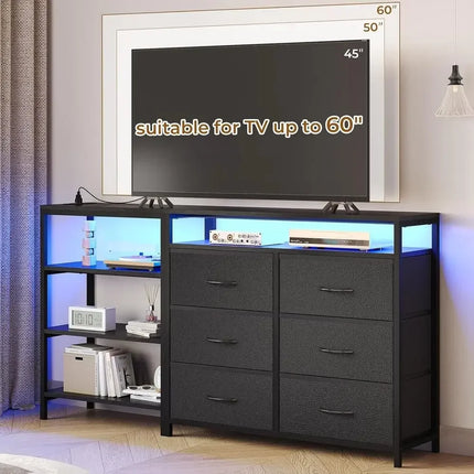 6-Drawer TV Stand with Reversible Shelving, RGB LED Lights & Charging Station