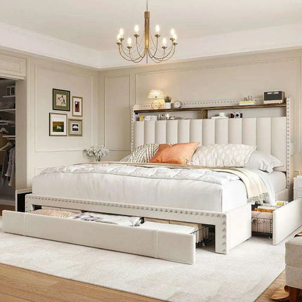 Queen Size Upholstered Bed Frame with Silent Support and Ample Storage Solutions