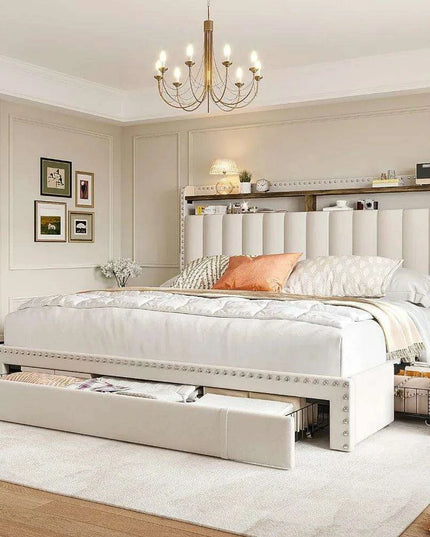 Queen Size Upholstered Bed Frame with Silent Support and Ample Storage Solutions