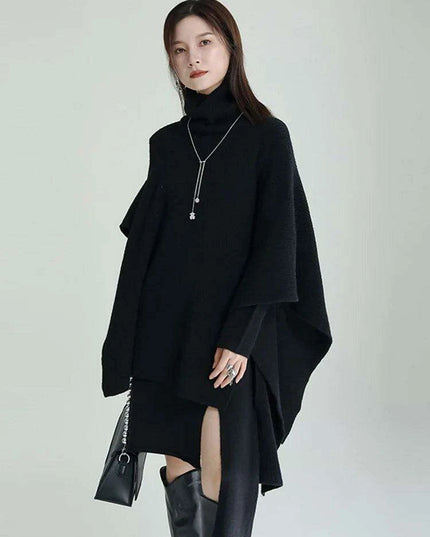 Trendy Women's Asymmetrical Gray Knit Turtleneck Dress - Loose Long Sleeve for Spring & Autumn 2024