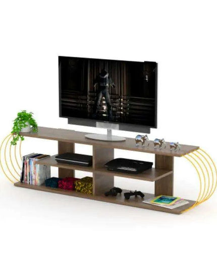 Retro-Inspired 68-Inch Walnut and Yellow Media Stand with Open Shelves by FurnisHome