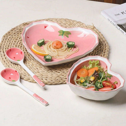 Strawberry Delight Dining Ensemble: Bowl, Spoon, and Plate Set