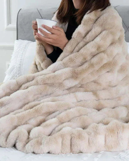 Cozy Beige Ruched Faux Fur Throw - Luxurious Reversible Mink Fleece