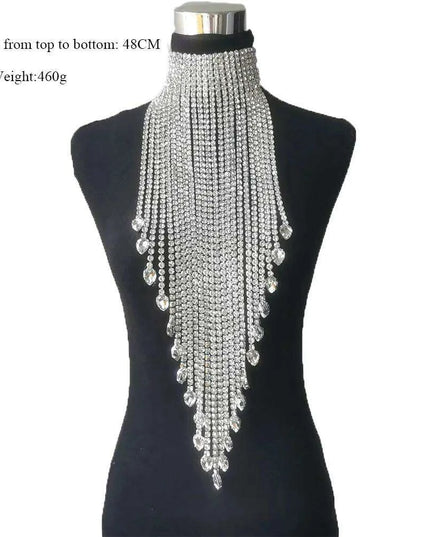 Radiant Rhinestone and Glass Gemstone Tassel Choker Necklace - Crystal AB Silver Elegance