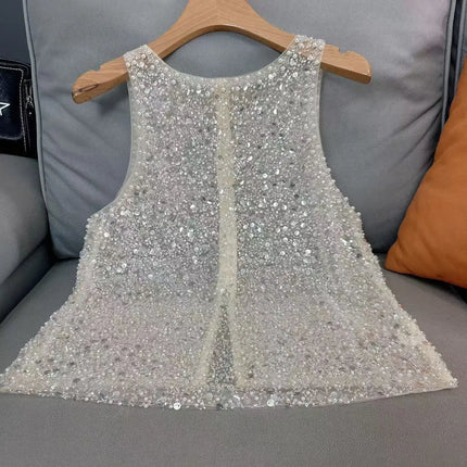Dophee Women's Light Luxury Beaded Sequined Sleeveless Casual Top