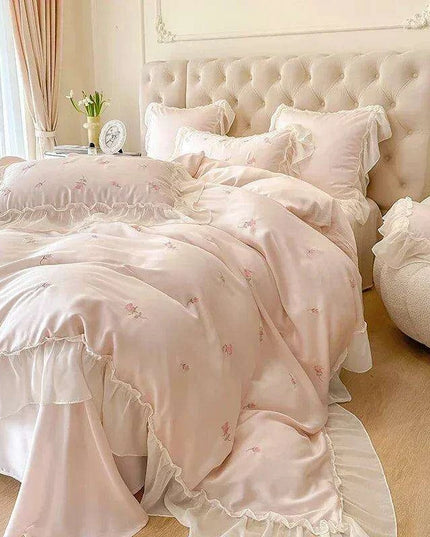 Luxurious Korean Style Lace Embroidered Lyocell Bedding Set - Pink and White