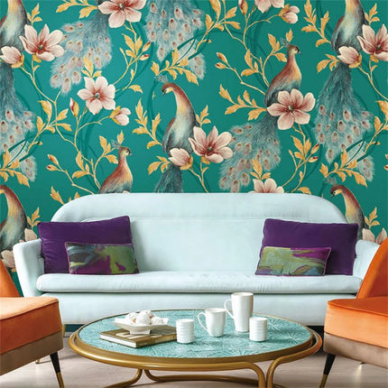 Peacock Feather & Floral Birds Wallpaper — Southeast Asian Mural, 53cm × 9.2m | Très Élite