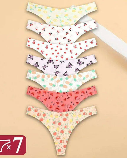 7Pcs Seamless Ice Silk Thong Set for Women - Fresh Low Waisted Print Underwear
