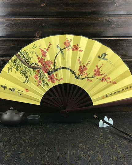 Vintage Silk Folding Fan with Bamboo Handle - Stunning Handheld Accessory for Celebrations and Home Sophistication