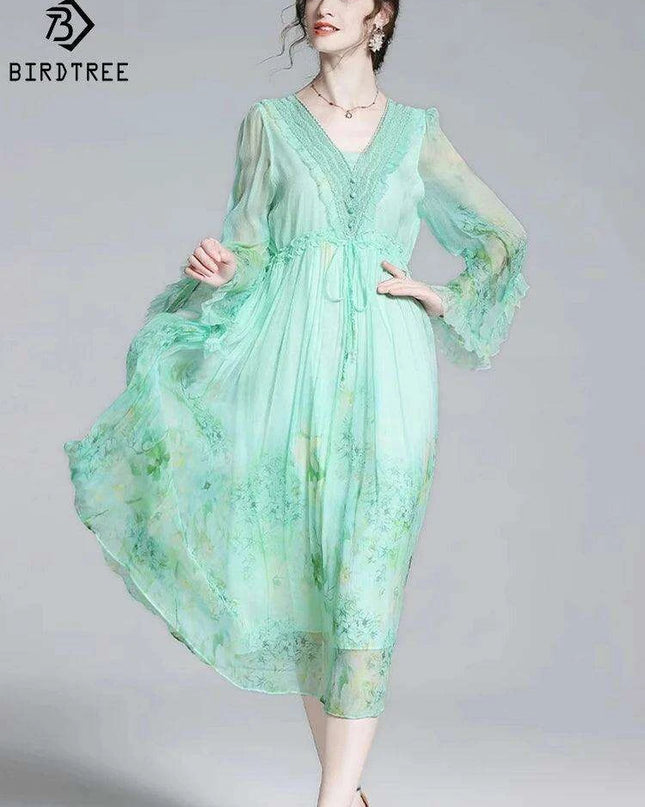 Chic V-neck A-line Dress in Luxurious French Silk with Flared Sleeves