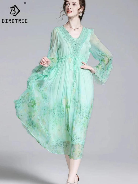Chic V-neck A-line Dress in Luxurious French Silk with Flared Sleeves