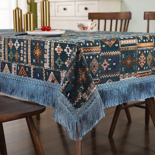 Elegant Boho Dining Tablecloth with Intricate Embroidery and Stylish Tassel Detail