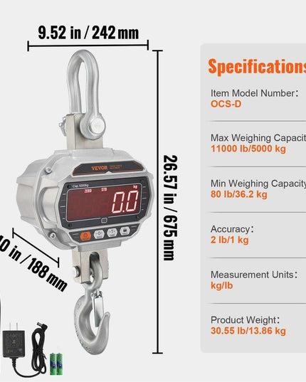 Professional Heavy-Duty Digital Crane Scale with Remote Control and High-Visibility LED Display - Weighing Capacity up to 11,000 lb