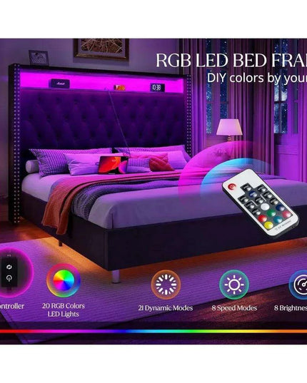 Luxurious King Bed Frame with LED Mood Lighting and Built-in Charging Station
