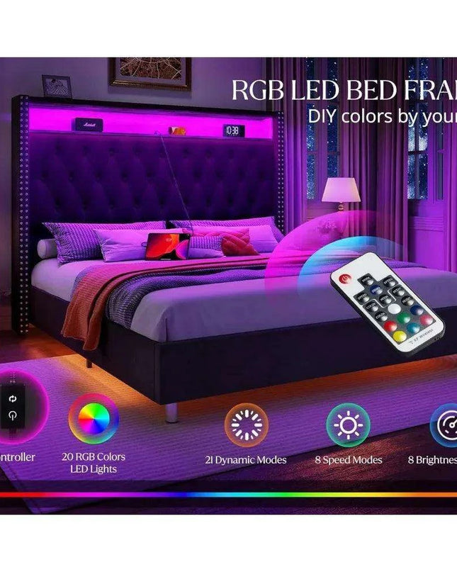 Luxurious King Bed Frame with LED Mood Lighting and Built-in Charging Station