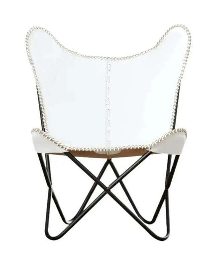 Vintage Elegance White Leather Butterfly Lounge Chair with Portable Frame