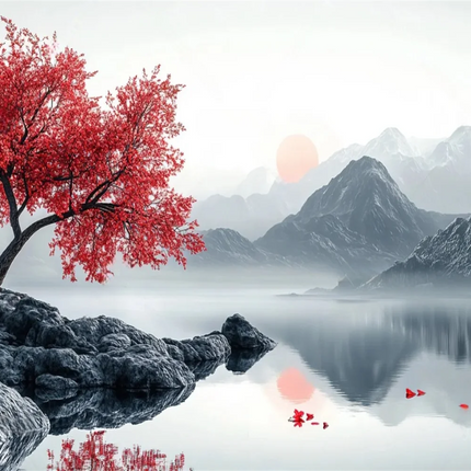 Mountain Lake Cherry Blossom 3D Mural Wallpaper