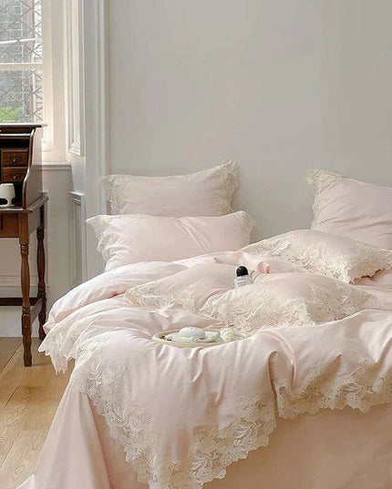 Romantic Chic French Lace Bedding Ensemble - Luxurious 1000TC Egyptian Cotton Duvet Cover, Sheets & Pillowcases Set