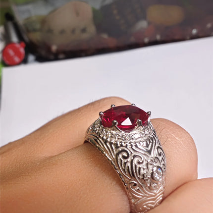 S925 pure silver laboratory-grown ruby 5CT oval vintage pattern wedding men's ring, custom-made with diamond. Jewelry. s925-pure-silver-laboratory-grown-ruby-5ct-oval-vintage-pattern-wedding-mens-ring-custom-made-with-diamond-jewelry