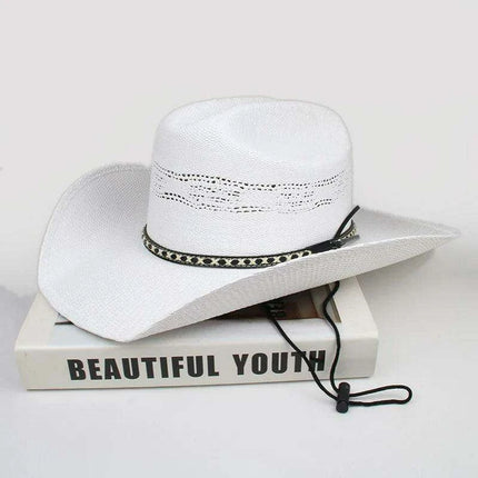 Unisex Wide Brim Hollow Straw Cowboy & Cowgirl Sun Hat - Adjustable Fit 55-61cm